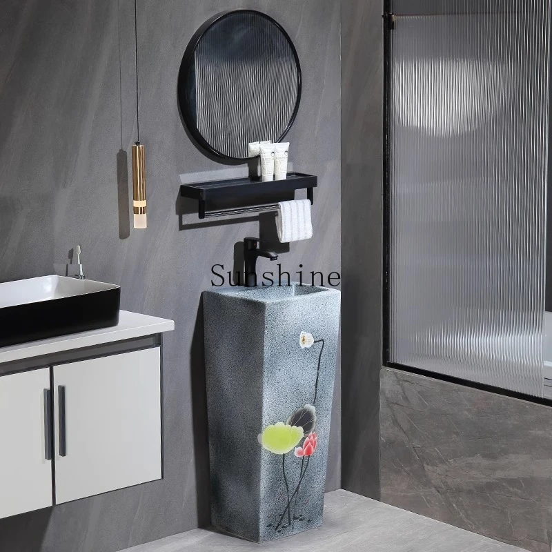 Integrated ceramic column type washbasin balcony small apartment bathroom square floor