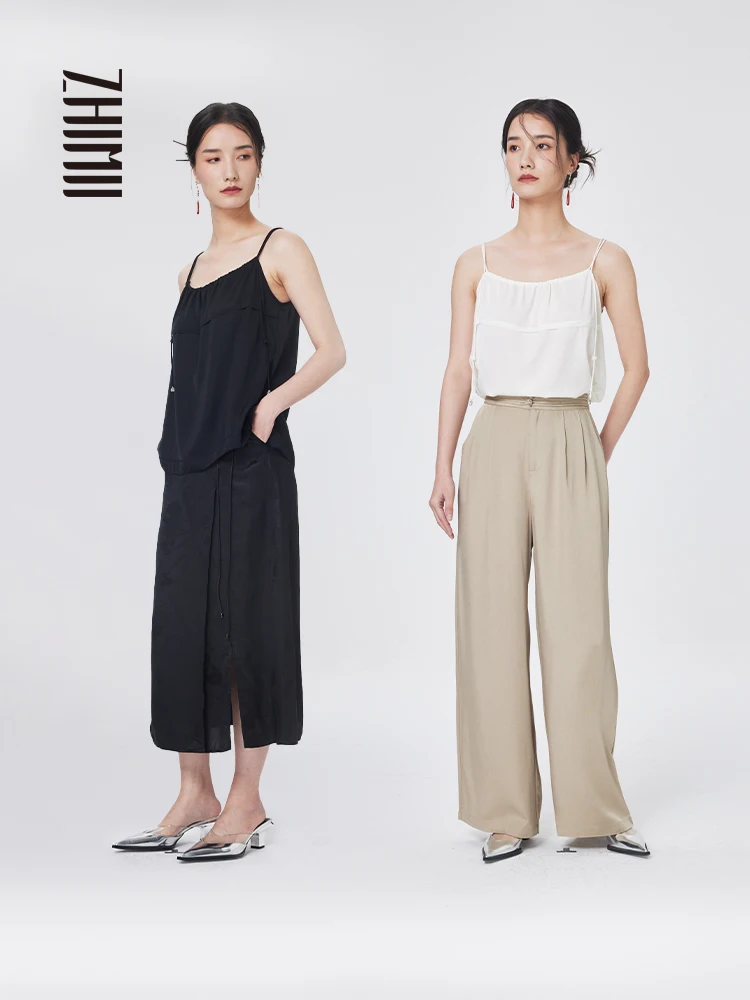 

Новый китайский модный универсальный женский топ свободного кроя из шелкового атласа с круглым вырезом и бретелями, черный, с драпировкой