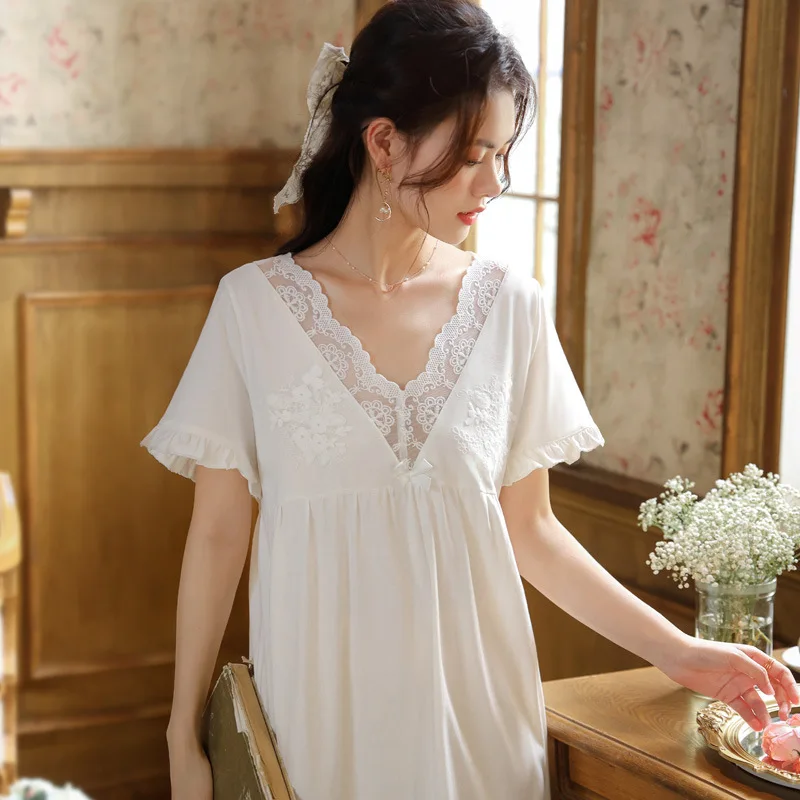 Sexy Lace V Neck Night Dress Women Cotton Sleepwear Short Sleeve Long Robe Loungewear Princess Nightwear White Vintage Nightgown