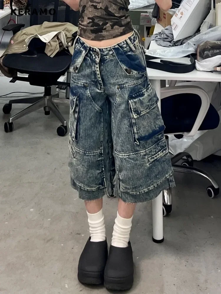 

Y2K Baggy Pockets 2000s Mid Long Denim Shorts Women's Washed Vintage Casual Shorts High Street Retro High Waist Trashy Jeans