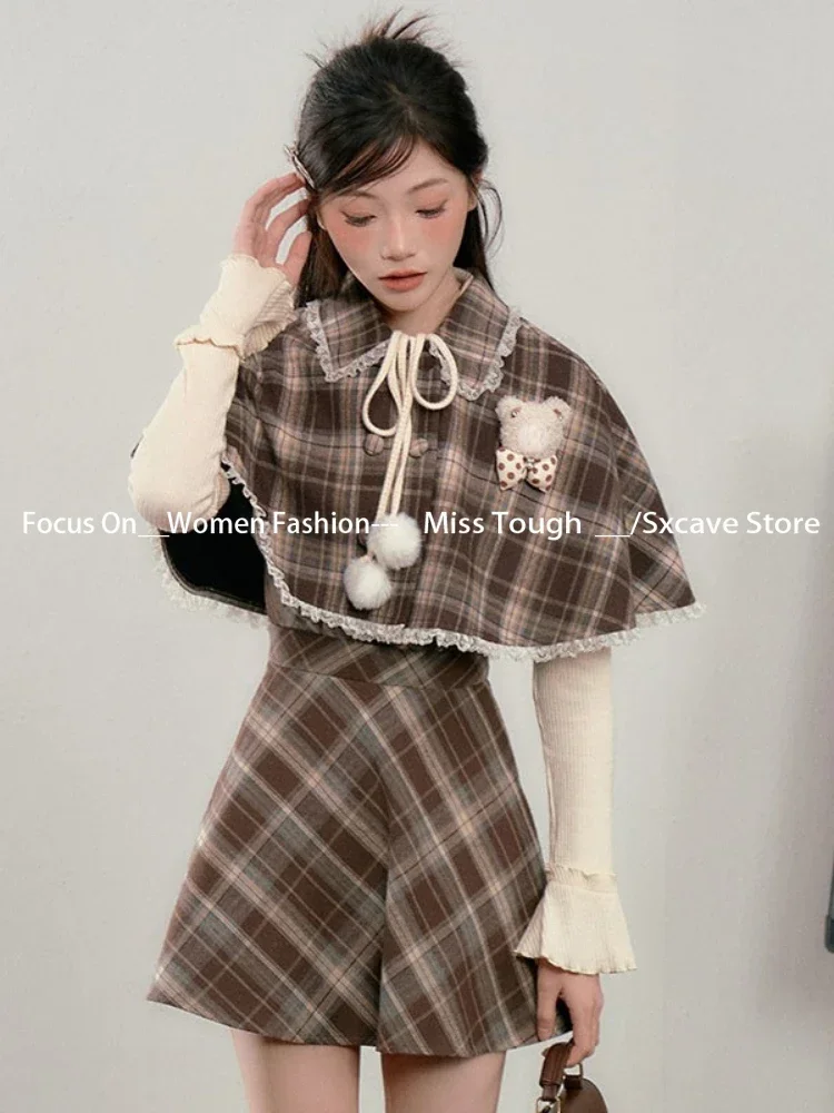 2000s Vintage Suits Women Casual Plaid Clothing Cape + Retro Dress Evening Party Y2k 2 Piece Dress Sets Female French Elegant