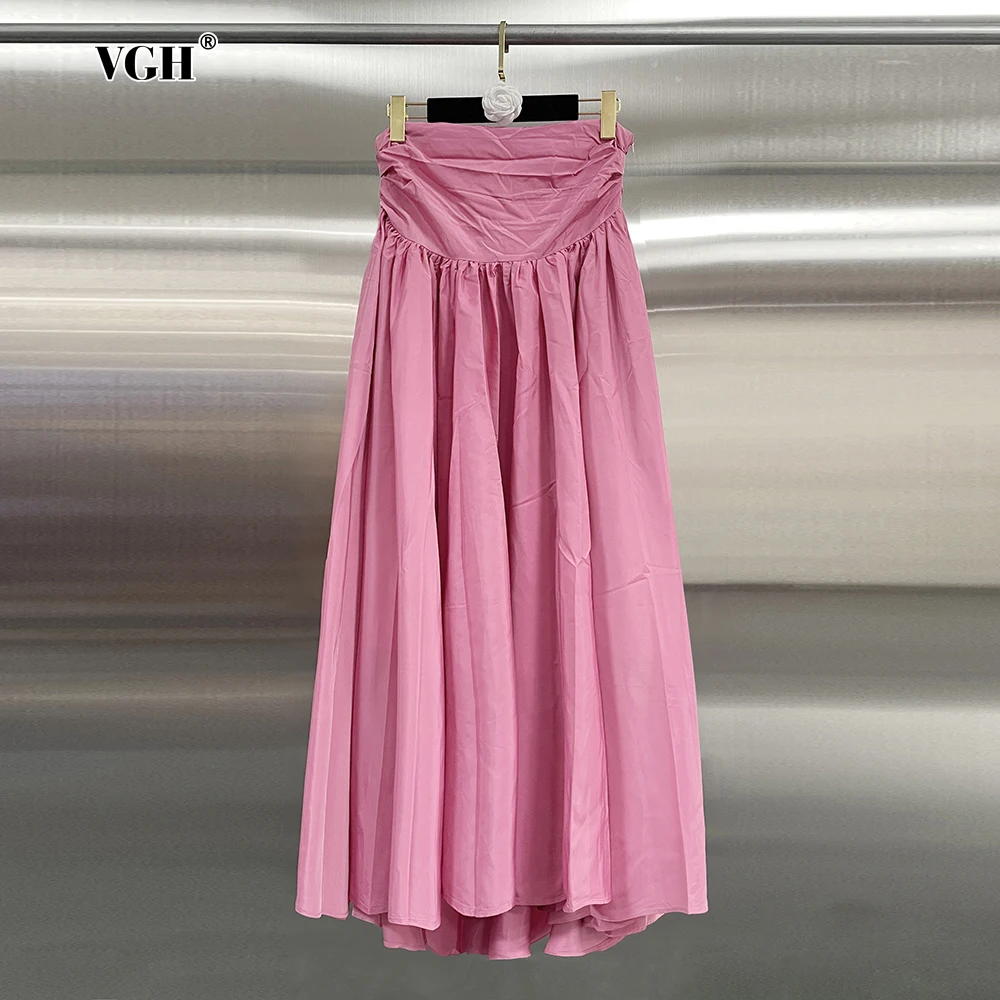 

VGH Elegant Solid Irregular Midi Skirts For Women High Waist Spliced Zipper Loose A Line Pleated Skirt Female Clothes Autumn New