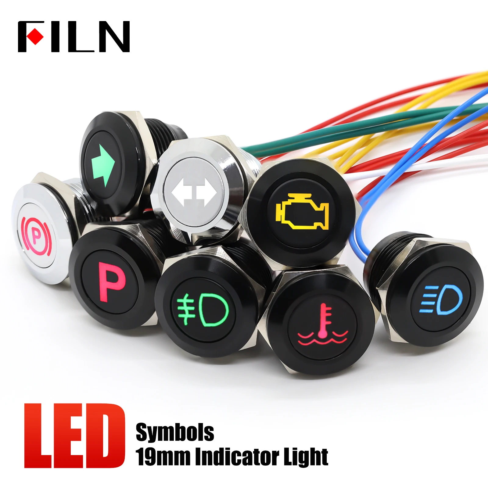 FILN 19mm Aluminium Alloy Black 12V Waterproof LED High Beam Car Boat Marine Dashboard Signal Instrument Pilot Light