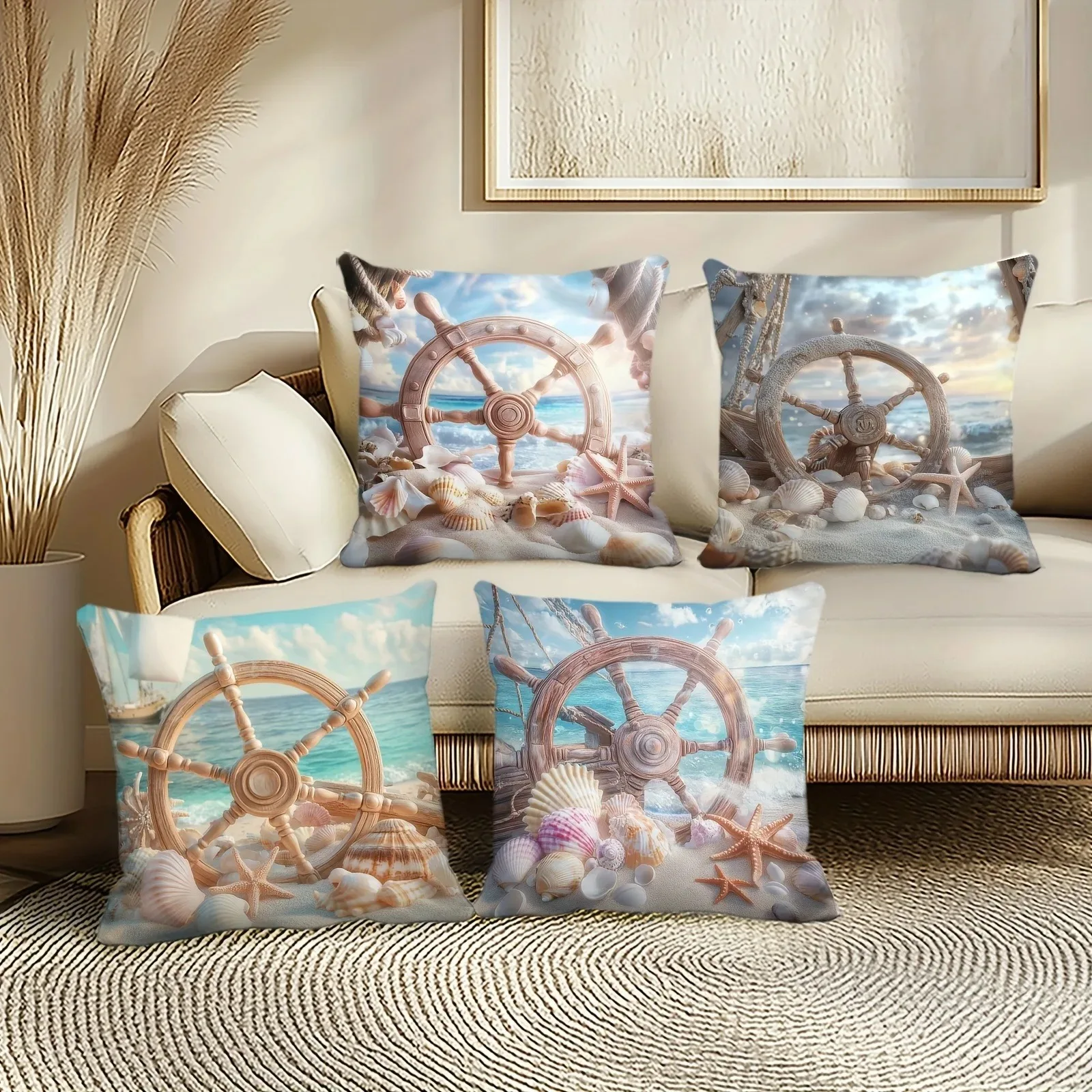 Seaside Ship Wheels & Seashells Pillow Covers Pattern Cushion Cover Suitable for Sofa Bedroom Car Pillow Cover