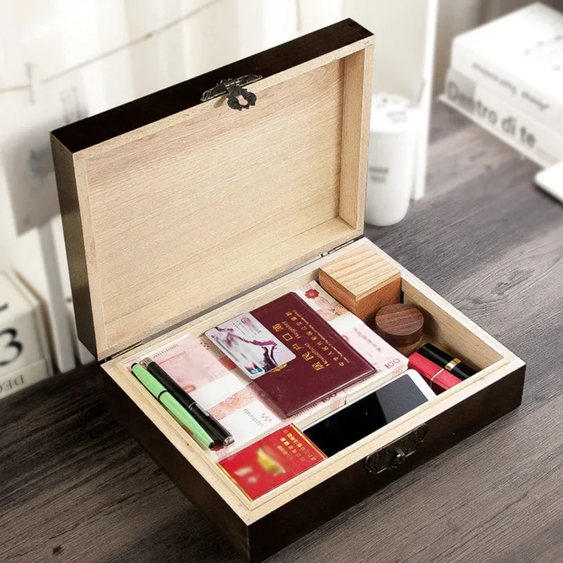 Camphor Wood Storage Box with Lock Retro Wooden Certificate Storage Case Desktop Jewelry Organizer  Rectangle Storage Organizer