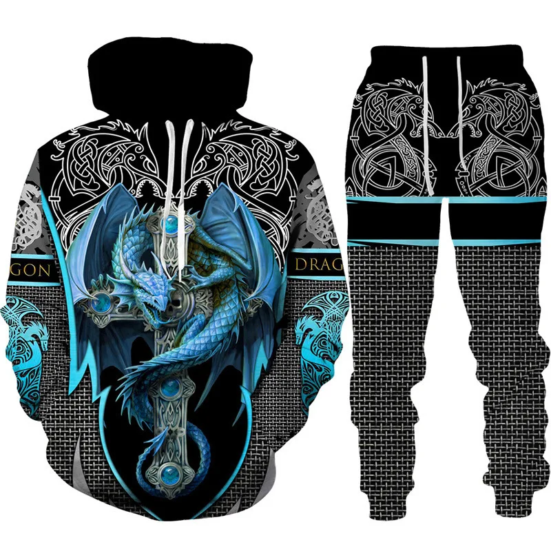 3D Drachen gedruckt Reiß verschluss Hoodie Hosen Anzug coole Männer/Frauen 2 Stück Sport bekleidung Trainings anzug Set Herbst und Winter Herren