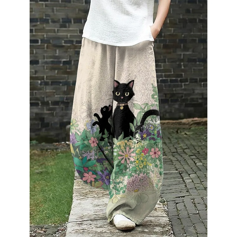 

Женские широкие брюки с принтом кота Харадзюку, повседневные свободные удобные брюки в японском стиле, модная повседневная одежда для женщин