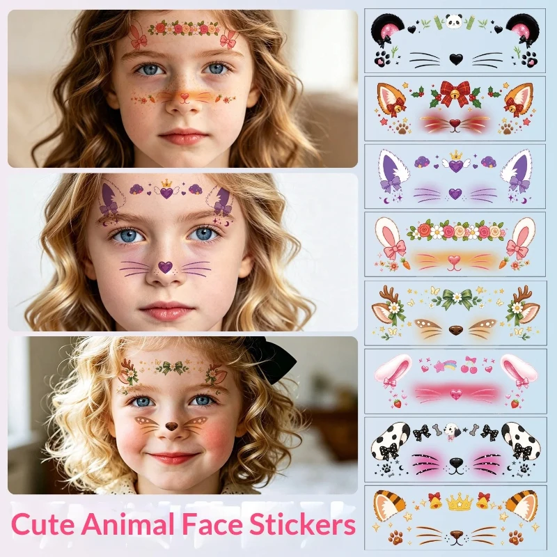 New Cartoon Animal Face Tattoo Stickers for Kids,Cat Dog Nose Whiskers Temporary Body Art,Halloween Costume Party Decoration