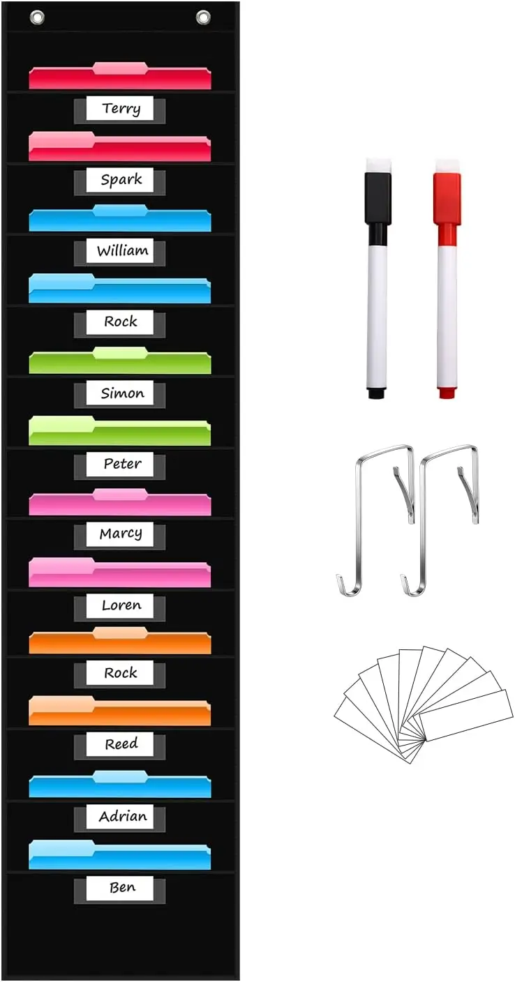 

12-Pocket Hanging File Organizer for Classroom and Office, Black Wall Storage Chart with Labels