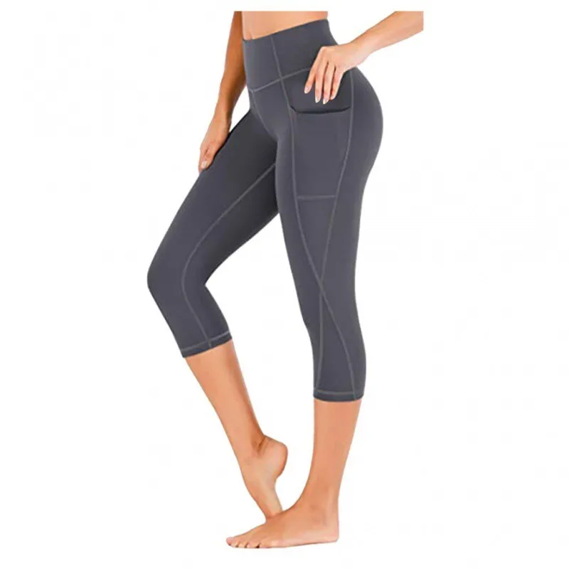 Women Seamless with Pocket Seven Point Pants Yoga Leggings High Waist Hip Liftting Print Gym Workout Elastic Fitness Pants