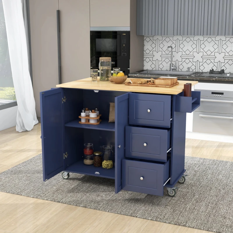 

Rolling Mobile Kitchen Island with Drop Leaf - Solid Wood Top, Locking Wheels & Storage Cabinet 52.7 Inch Width（Dark blue）