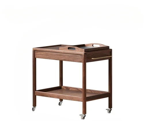 Long - lasting side table, small cart, living room sofa, black walnut movable wheeled coffee table, solid wood corner table