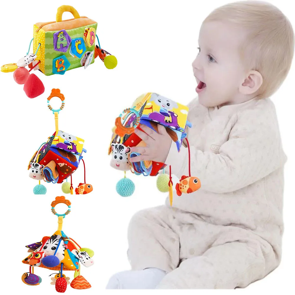 Newborn Baby Sensory Hanging Rattles Soft Early Learning Toys Kids Plush Stroller Infant Car Bed Crib with Teether for Toddlers