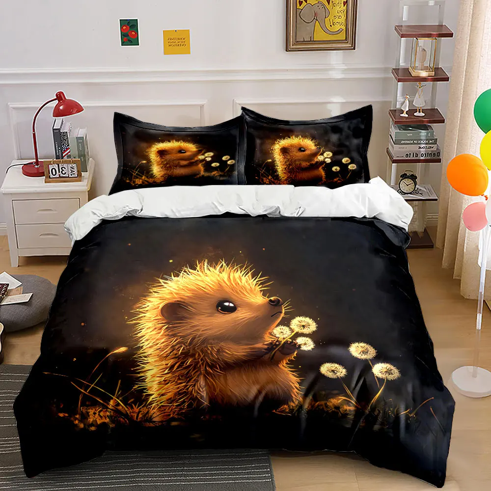 Cute Hedgehog Art Decor Three-Piece Set Bedding Set with 1 Duvet Cover 2 Pillowcases Single Double King Queen, Gift