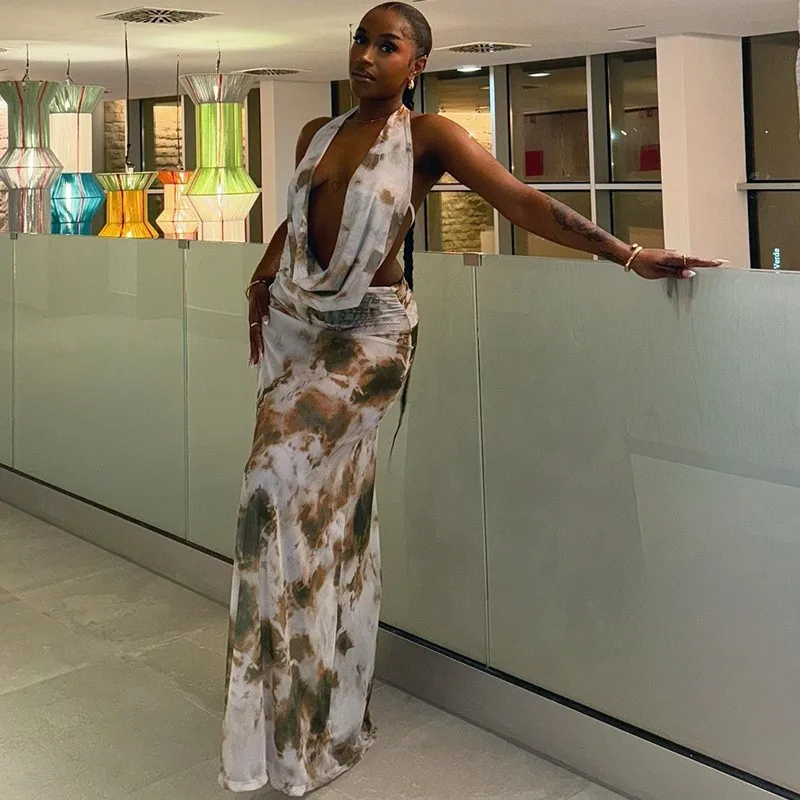 Pescoço leace-up topo halter novo em conjuntos de correspondência 2 peças conjunto para mulher roupas de duas peças saia longa sem costas v-link sexy impresso