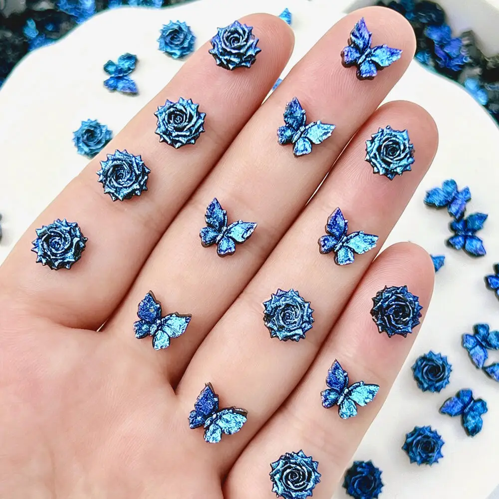 30 Stück Leuchtende Kreative Weiche Schmetterling-Rosen-Harz-Nagelcharms 3D Tiefblaue Feine Funkelnde Blumen-Nagelkunst-Dekorationen DIY Nägel – Detail 6