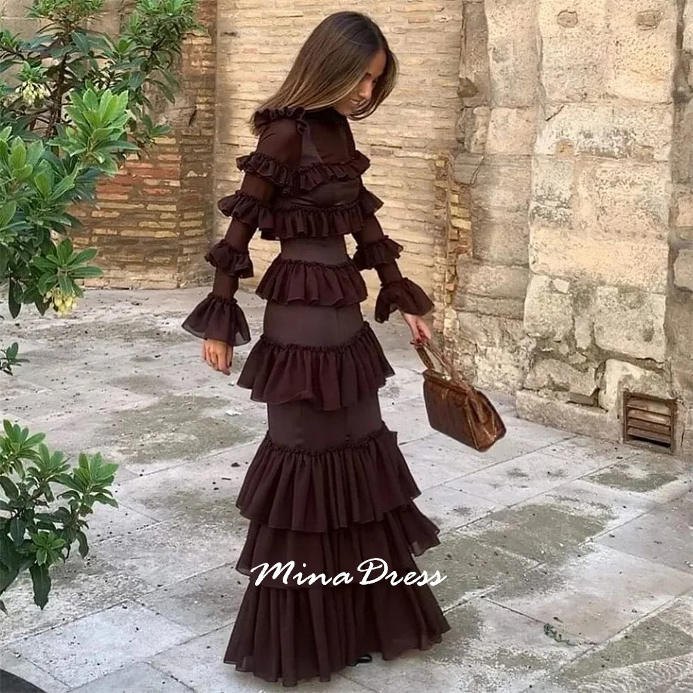 فساتين سهرة نسائية فاخرة بأكمام طويلة مخصصة من مينا للمناسبات الخاصة، فستان حفلات أنيق بحافة مكشكشة وعمودية