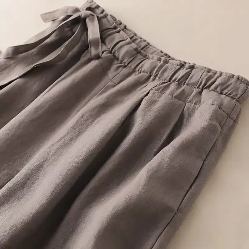 موضة سراويل تقليدية النساء أسفل الصيف رقيقة بناطيل الشاطئ السيدات Capris الصلبة فضفاض القطن الكتان اقتصاص السراويل ملابس امرأة