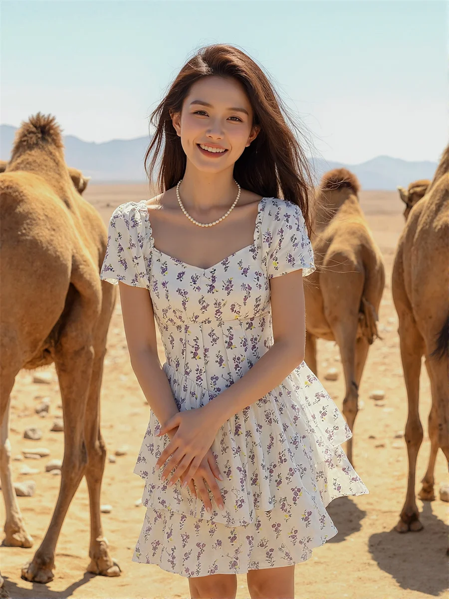 女性用 ホワイトドレス 女性 花柄 ドレープ Aライン エンパイアウエスト シフォン ティアード レイヤード ボールガウン ファンシー イブニングパーティー 結婚式