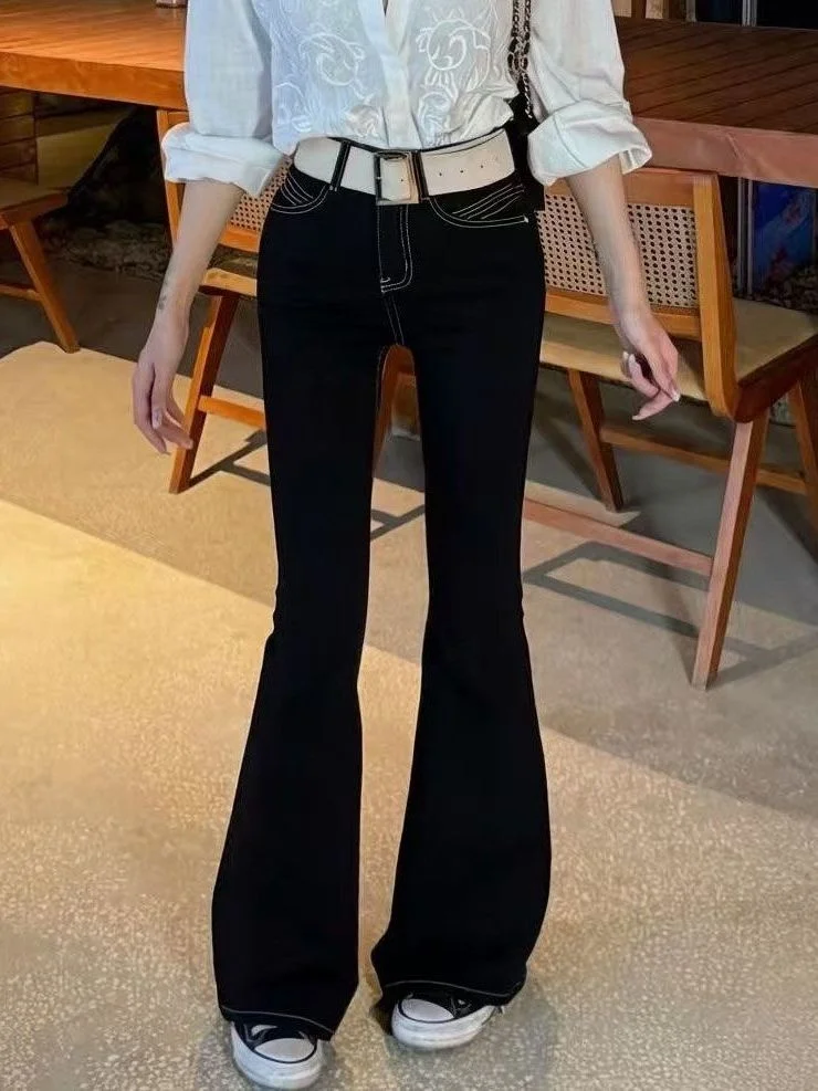 Black Bell Bottom Jeans Women's Spring Autumn Small Size Slim Fit Elastic Sexy Summer High Waist Cotton Stretch Denim Pants