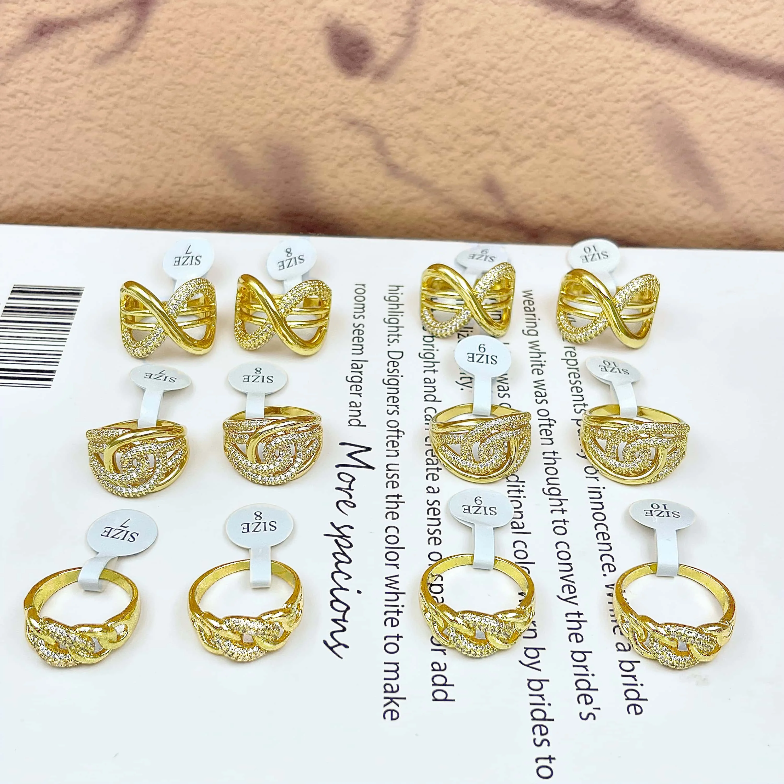 12Pcs Pave Rhinestone Wide Band Rings Set, Infinity / C-Shaped / Twist 3 Styles Mixed Alloy Golden Color Fashion Jewelry Size 7-