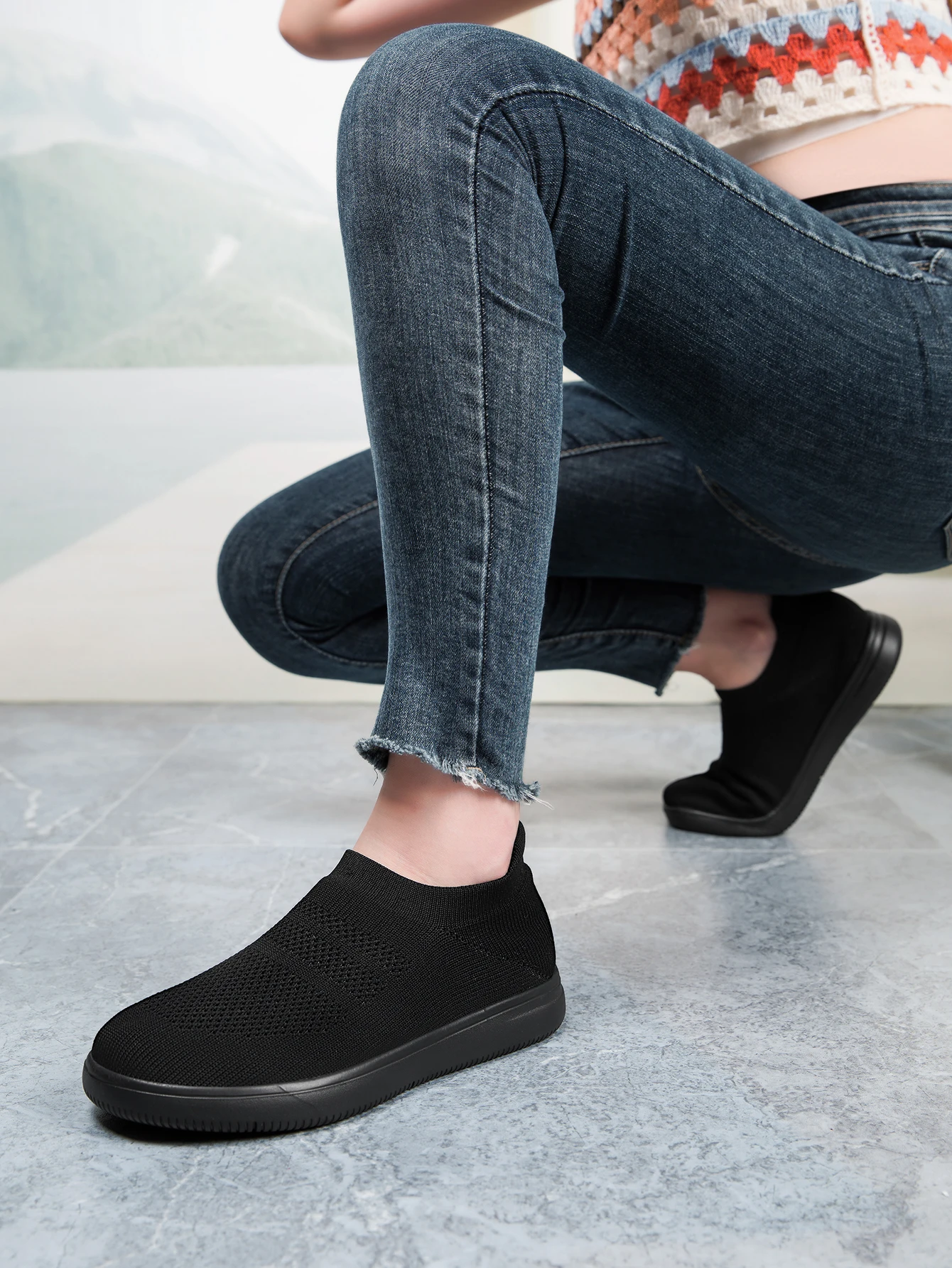 Damen-Socken-Sneaker, Slip-On, atmungsaktive Flying-Knit-Schuhe, weich, rutschfest, leicht, flache Walking-Loafer, Damen-Büro- und Alltagsschuhe – Detail 9
