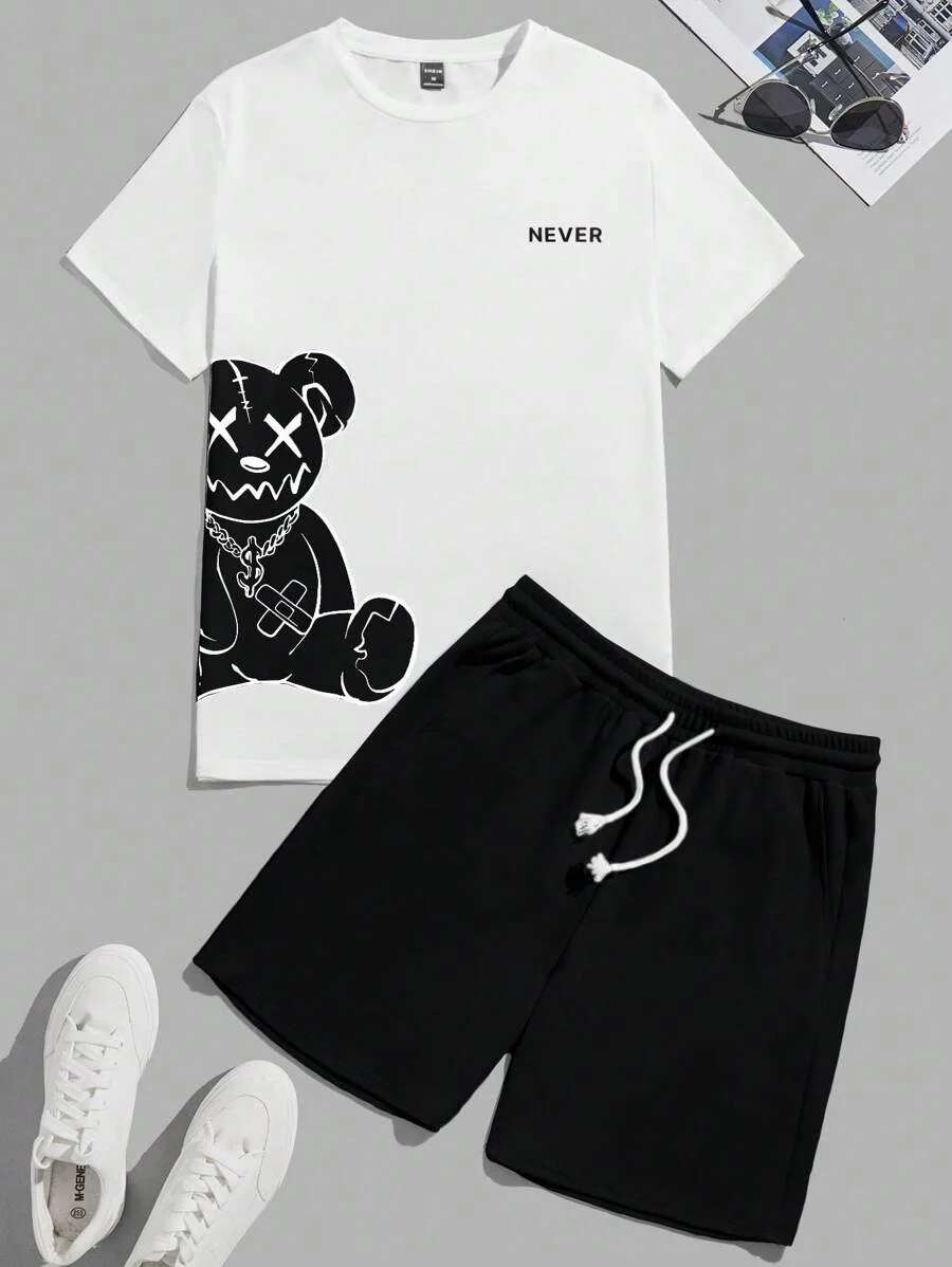 Men's casual suit, fashionable teddy bear print set, summer plus round neck short sleeved T-shirt, men's drawstring pocket short