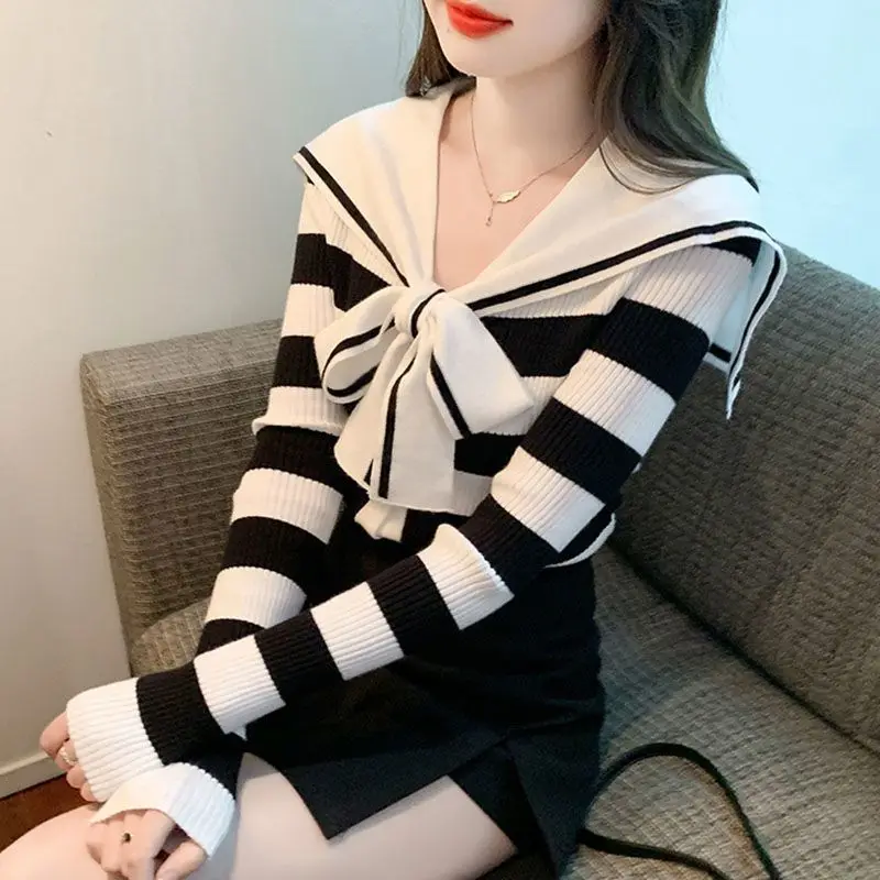 Navy Collar Striped Bow Sweater for Women\'s Autumn Winter Casual Temperament Slim Fit Versatile Knitted Sweater Top for Women