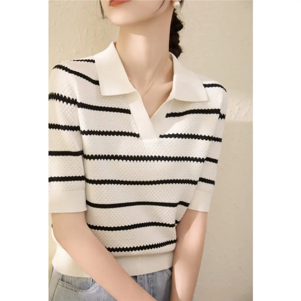 

Summer Slim Fit Striped Sweater V-neck Short-Sleeved Top High-Quality Lyocell Material Cool Loose Design for Women