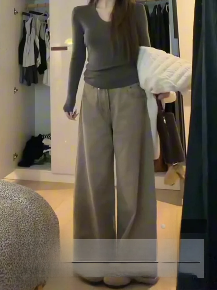 

plus Size High Waist Bell Bottom Jeans Women's Summer Slimming Hoof Floor Length Khaki Denim Pants American Style Strai...