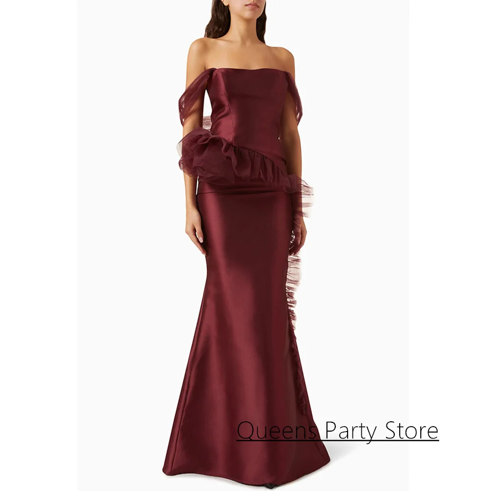 

Modern Burgundy Mermaid Evening Dress Customized Off The Shoulder Boat Neck Floor Length Arabian Party Gown Prom Dresses