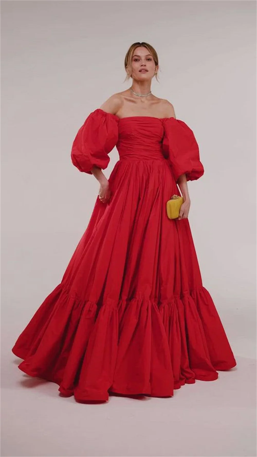 Cathy Red Off the Shoulder Prom Dresses A-line Puffy Sleeves فساتين السهرة Elegant Floor-length Taffeta Vestidos De Noche 2024