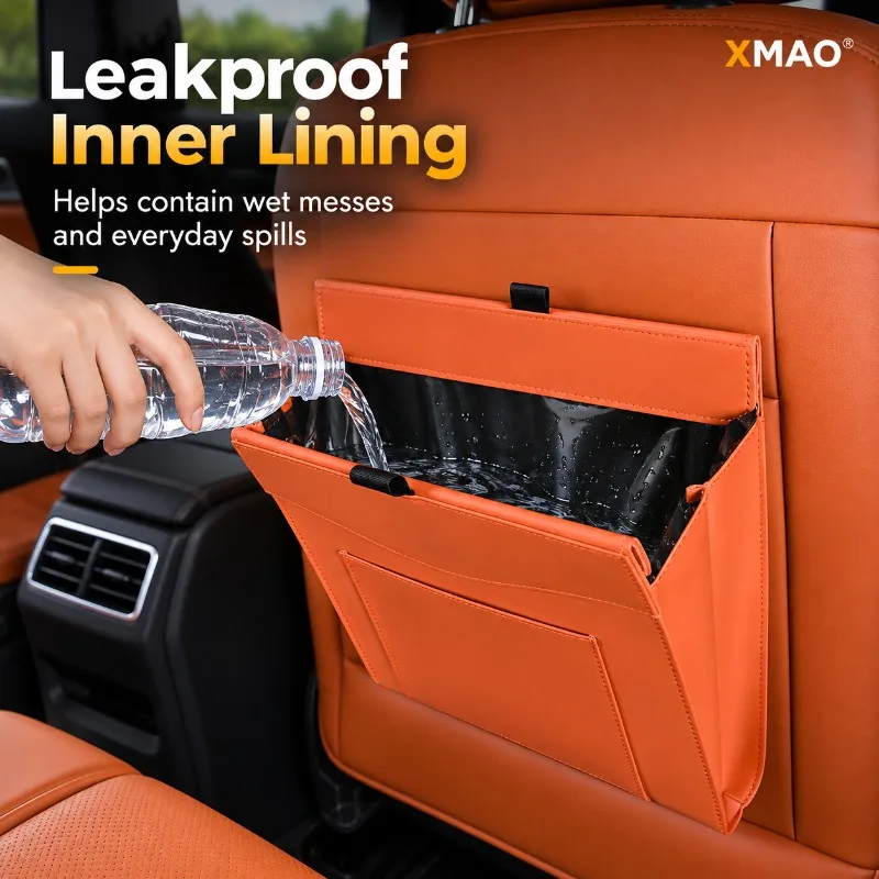 Car Rear Seat Trash Bag Magnetic Leather Hanging Organizer Waterproof Leakproof Liner Storage Bin for Vehicle Seat Back Use