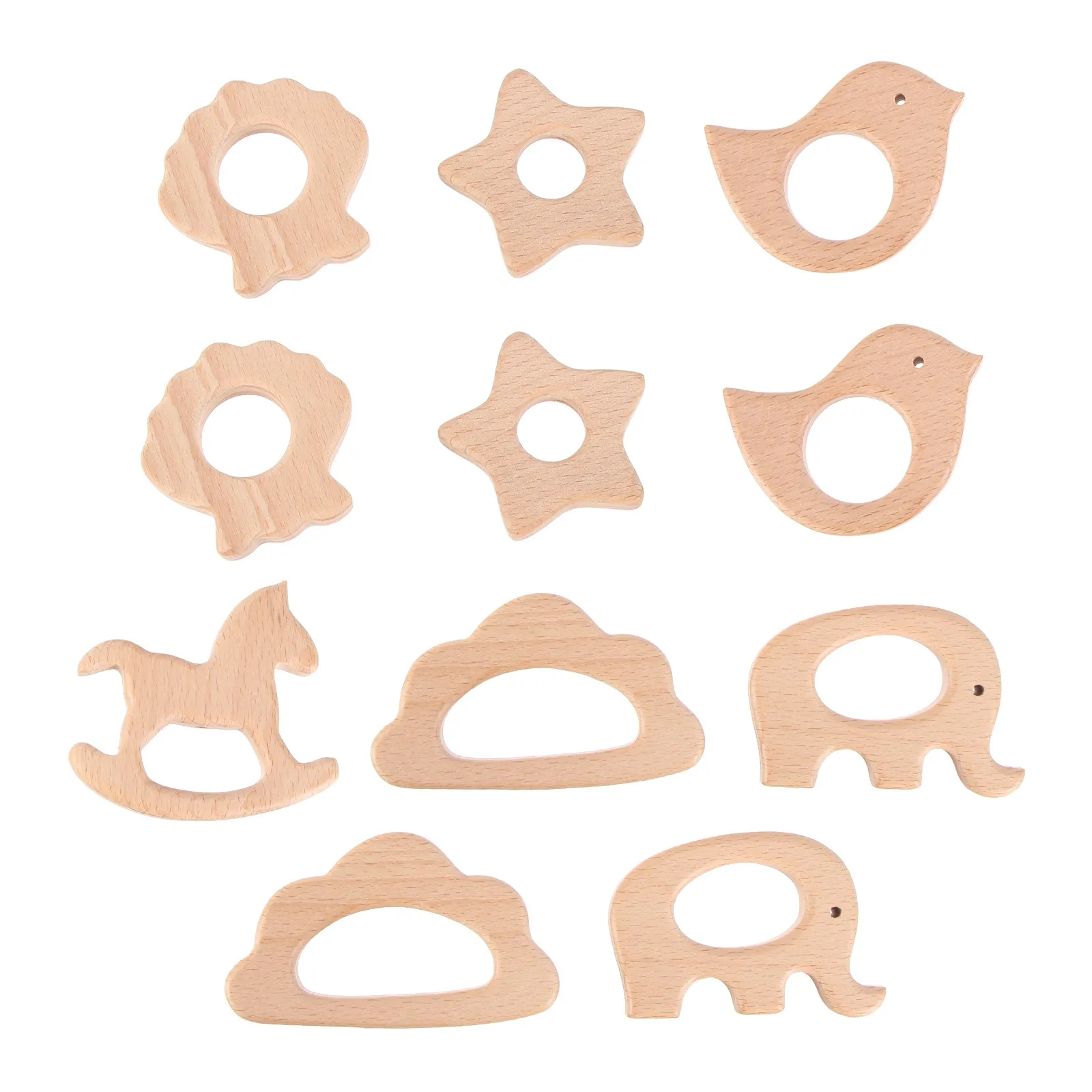 11Pcs Baby Wooden Chewable Teether Beech Wood Cartoon Shapes Soothe Biting Aid Promote Healthy Active Play Baby Wooden Teether