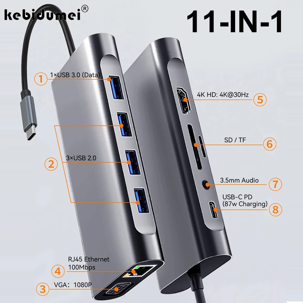 

Док-станции 11-в-1 USB C HUB USB-концентраторы типа C до 4K HDMI USB 3.0 5 Гбит/с USB-разветвитель-адаптер для ПК, ноутбука Macbook
