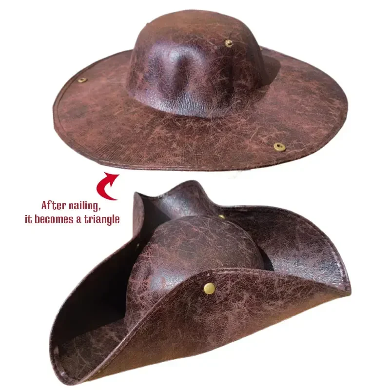 Vintage-Piraten-Tricorn-Mütze aus Kunstleder – Cosplay-Mütze im Used-Look für Männer und Frauen, perfekt für Maskerade-Partys