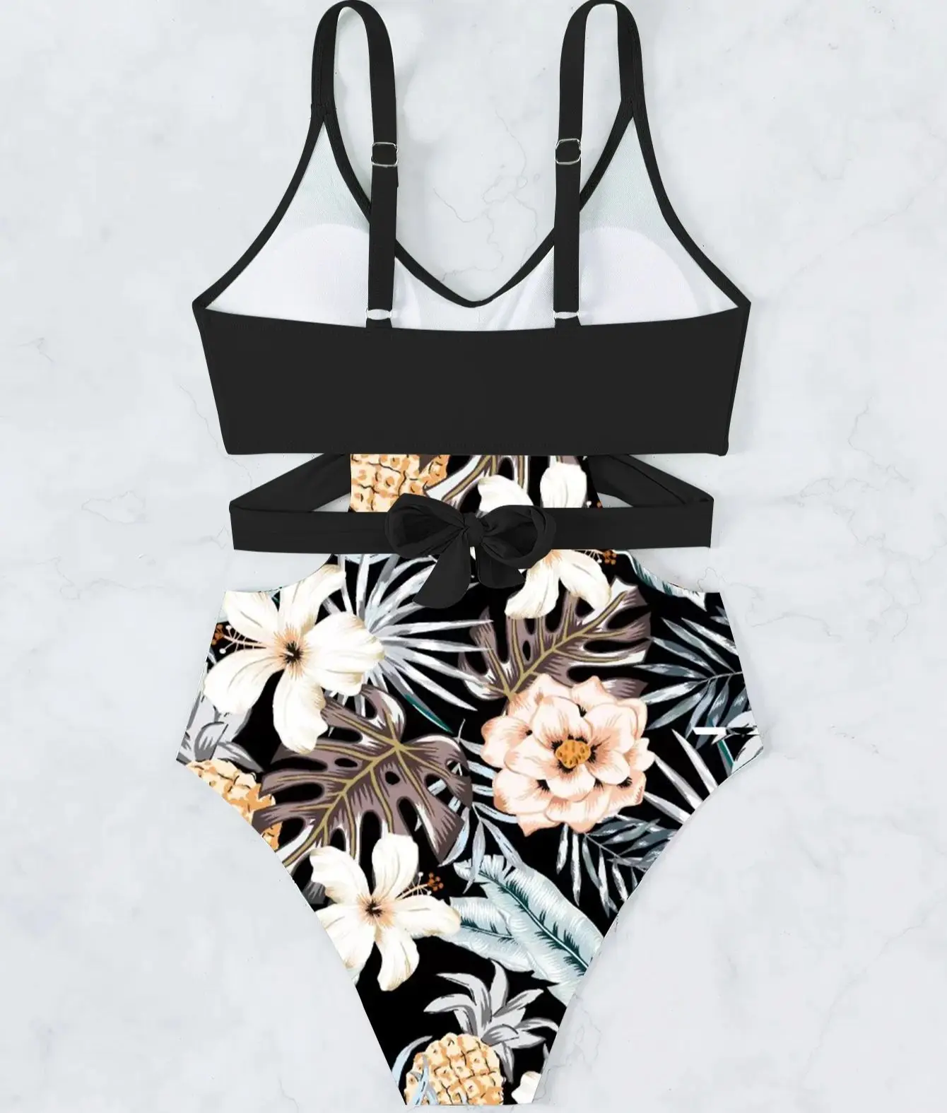 One Pieces Bikini Set Waist Cross Strip Beach Set Print Flower Shorts Hollow Out Waist Swimwear