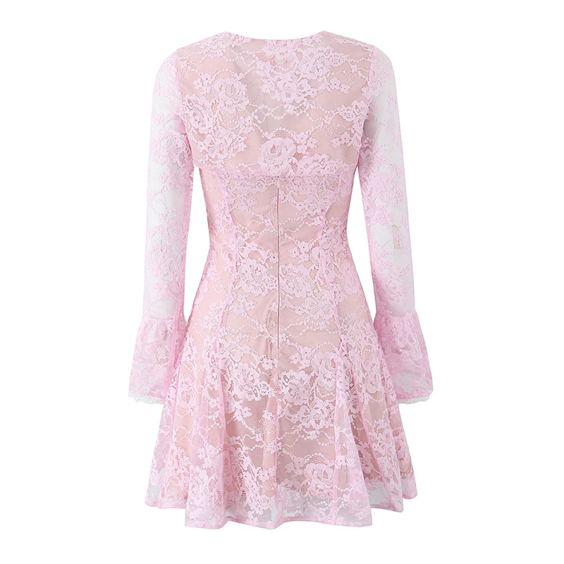 Sexy Elegant Women 2 Pieces Pink Lace Dress Long Sleeve Crop Top + Sling Dress Female Christmas Party Mini Robe