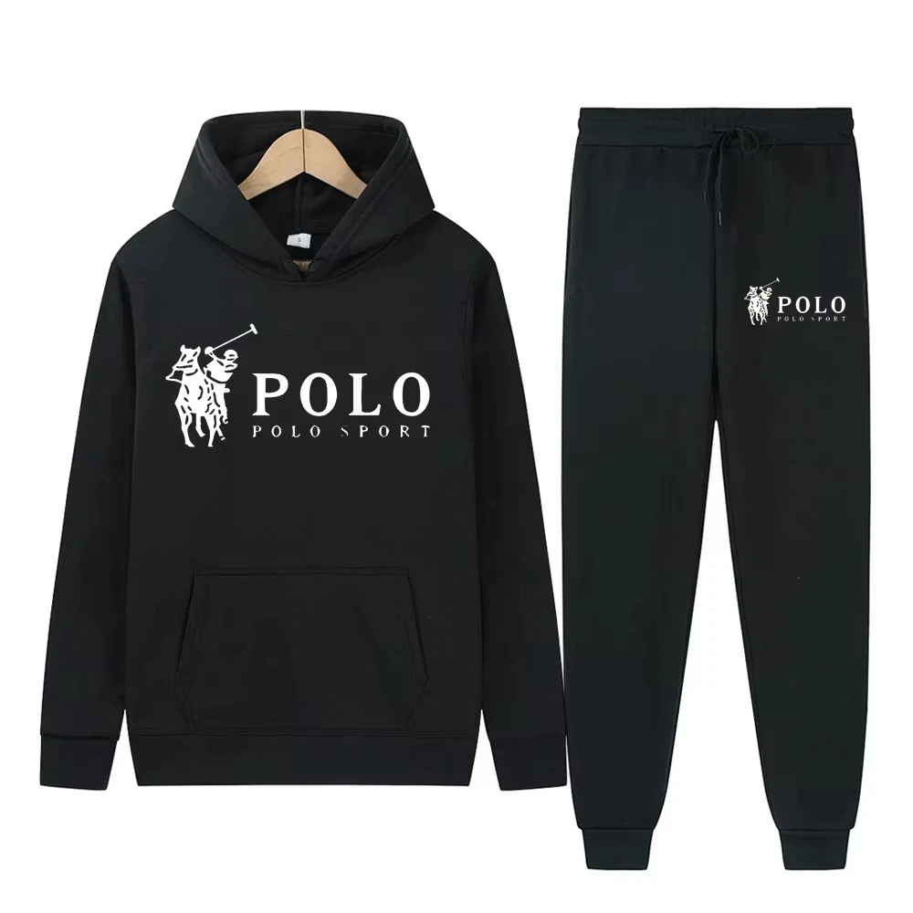 Winter and autumn fleece thickened hooded pullover sweater jacket for men casual sports outfit two-piece set for men