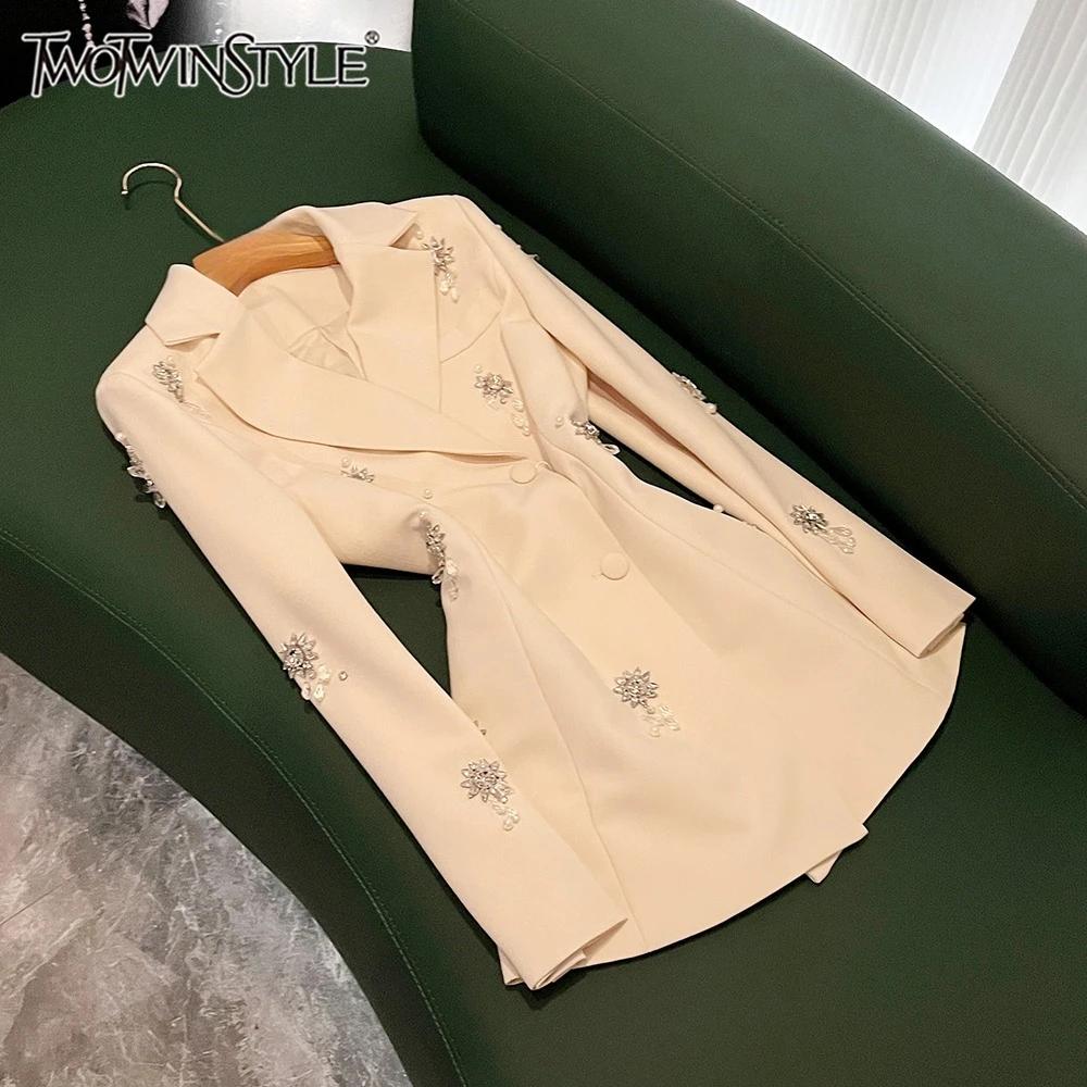 

TWOTWINSTYLE Luxury Elegant Jackets For Women V Neck Long Sleeve Spliced Diamonds Temperament Blazers Female Fashion KJA533511