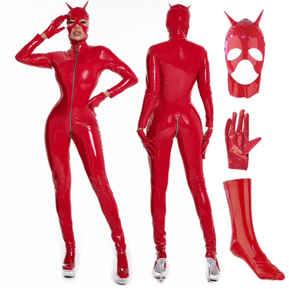 

Wetlook Faux Leather Jumpsuit Women Sexy Cat Girl Zipper Open Crotch PVC Latex Catsuit