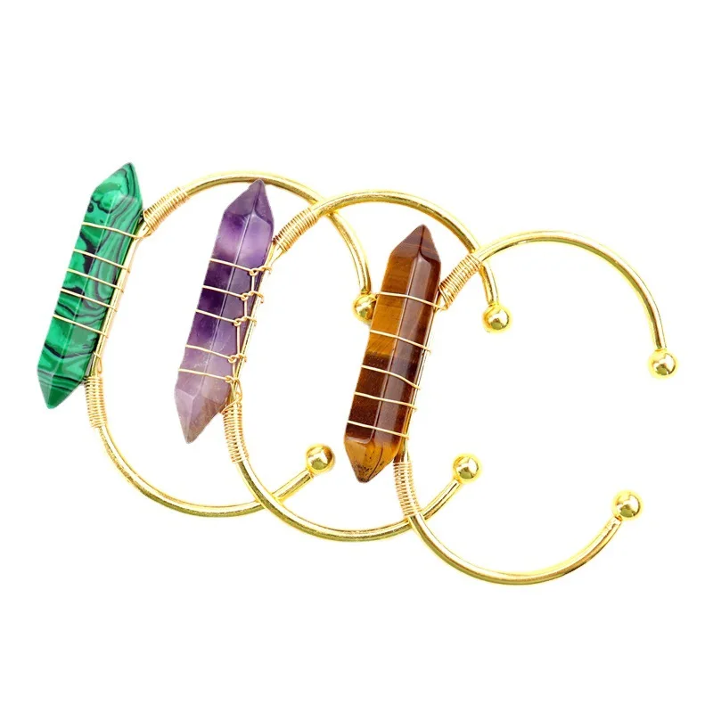 

Healthy Reiki Natural Mineral Crystal Two Pointed Hexagonal Prisms Bangle & Bracelet Copper Wire Wrapped Crystal Cuff Bracelets