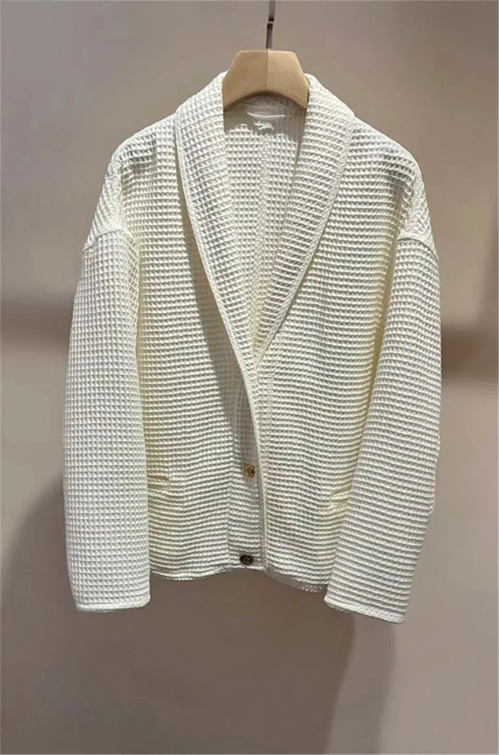 Women's Casual Lapel Waffle Cotton Jacket Single-Breasted Long-Sleeved Coat White