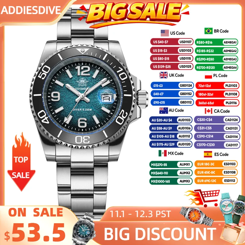 ADDIESDIVE Men's 41mm Quartz Diving Watch 200m Waterproof Ceramic Bezel product photo