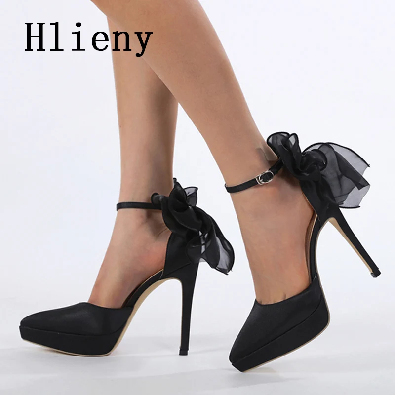 Hlieny New Fashion Pointed Toe Pumps Sexy Sandals Satin Butterfly-knot Buckle Strap Women Stiletto High Heels Banquet Party Shoe