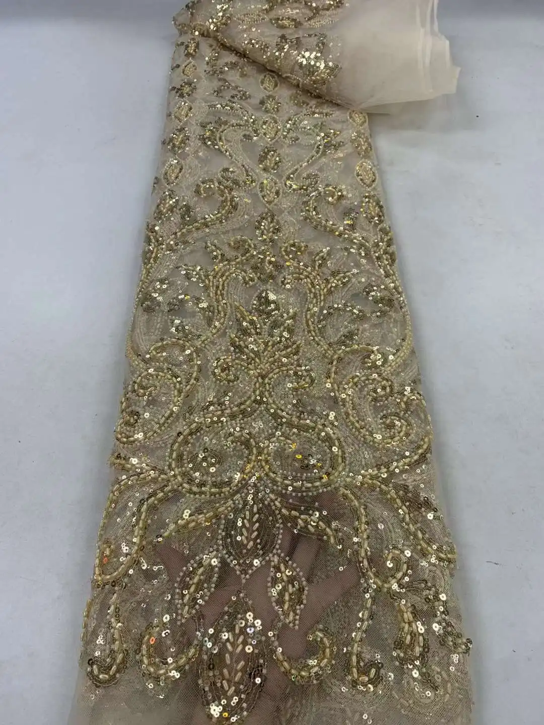 High-end Heavy Beaded Lace Fabrics Gold African Sequins Embroidery French Tulle Groom Lace Fabrics For Sewing Wedding Dresses