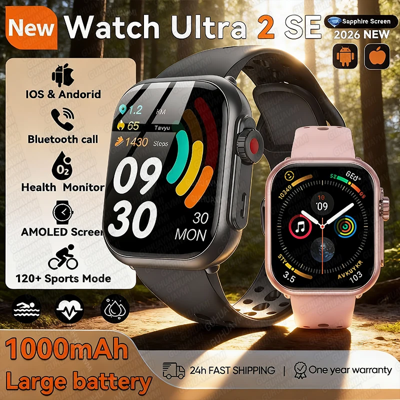 

2026New Watch Ultra2 SE Smart Watch 1.85" HD AMOLED Screen 1000mAh Large Battery Heart Rate Bluetooth Call Sports Smartwatch Men