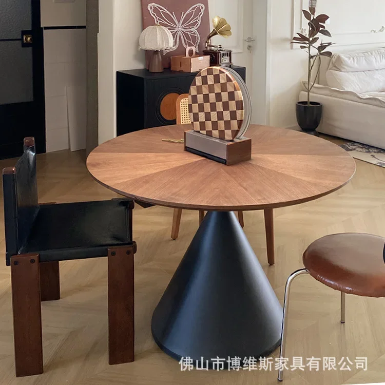 Round Dining Table Solid Wood Vintage Nordic Walnut Solid Wood Round Clay Hourglass Dining Table