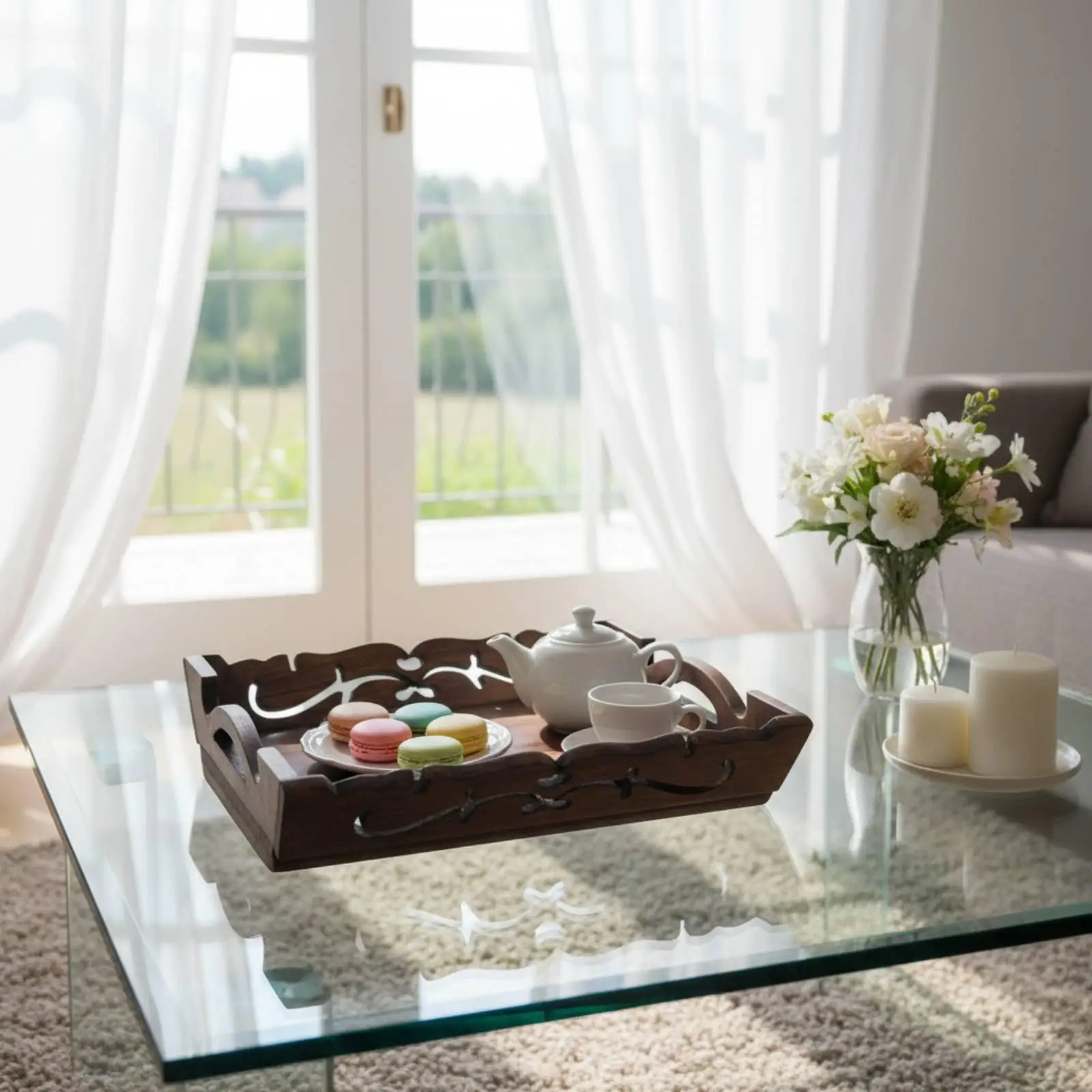 Beverage Tray Hollow Design Wooden Tray Retro Household Storage for Living Room