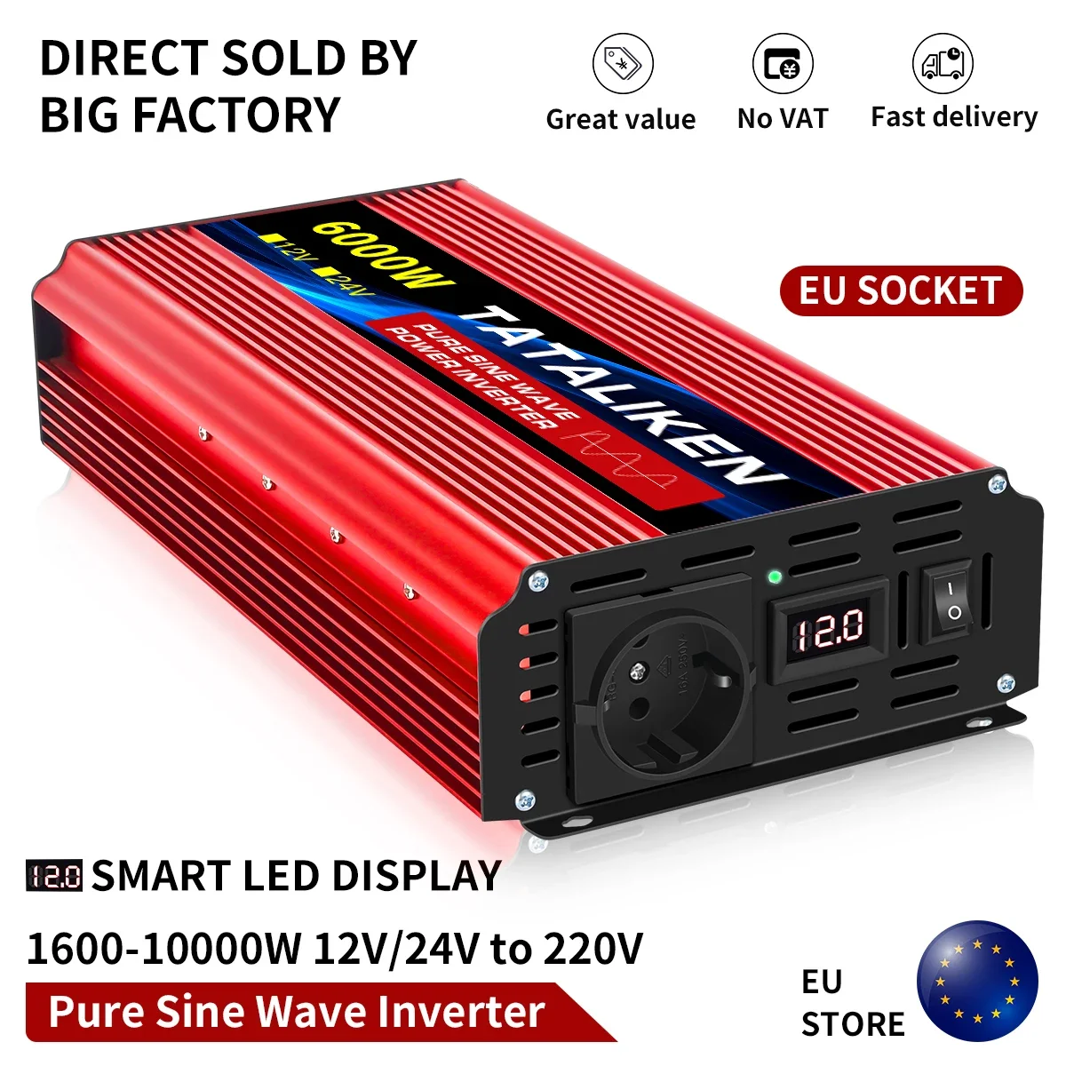 6000W Pure Sine Wave Power Inverter DC 12V To AC 230V 240V 50HZ EU Socket Car Adapter with LED Display